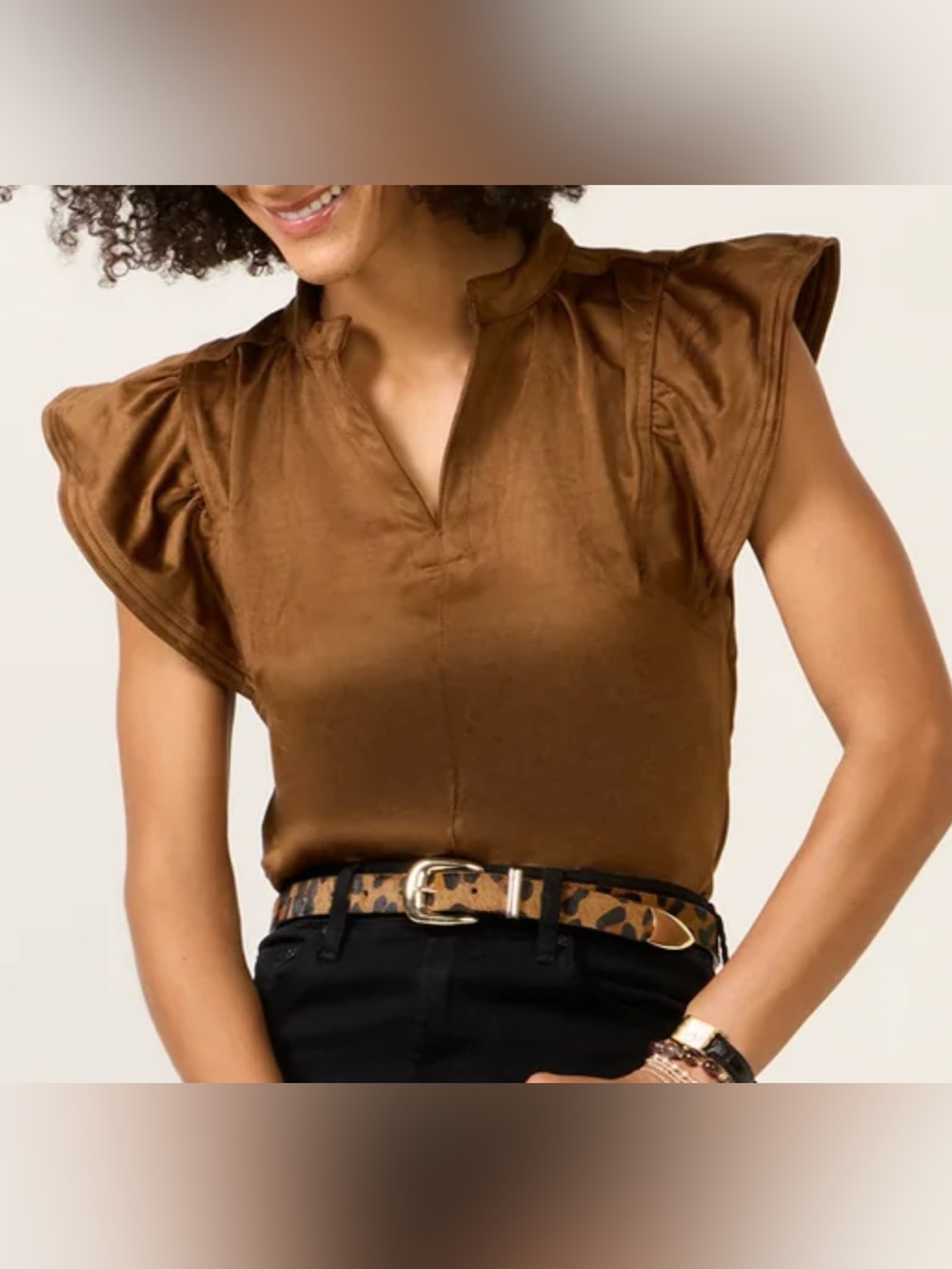 Melissa Nepton Nell Faux Suede Flutter Sleeve Top Brown XL Evereve